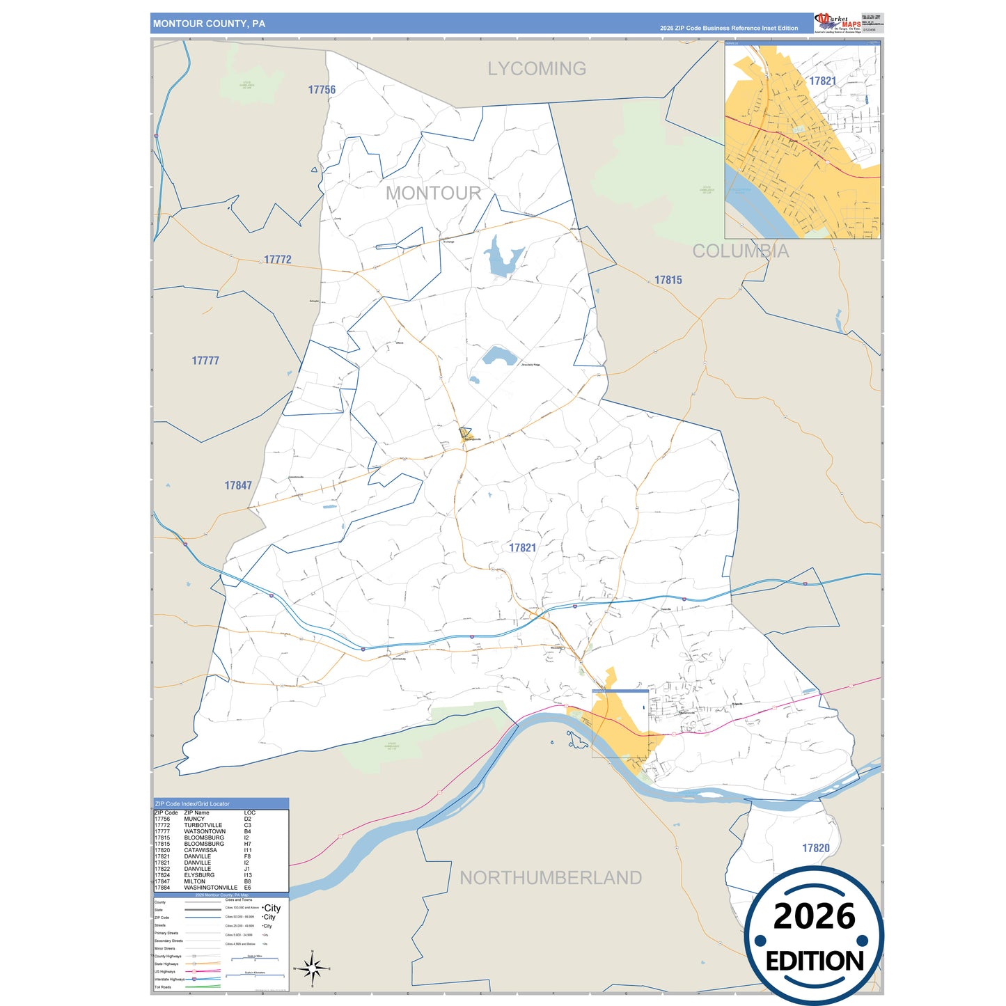 Montour County, PA Business Reference 5 Digit ZIP Code Wall Map