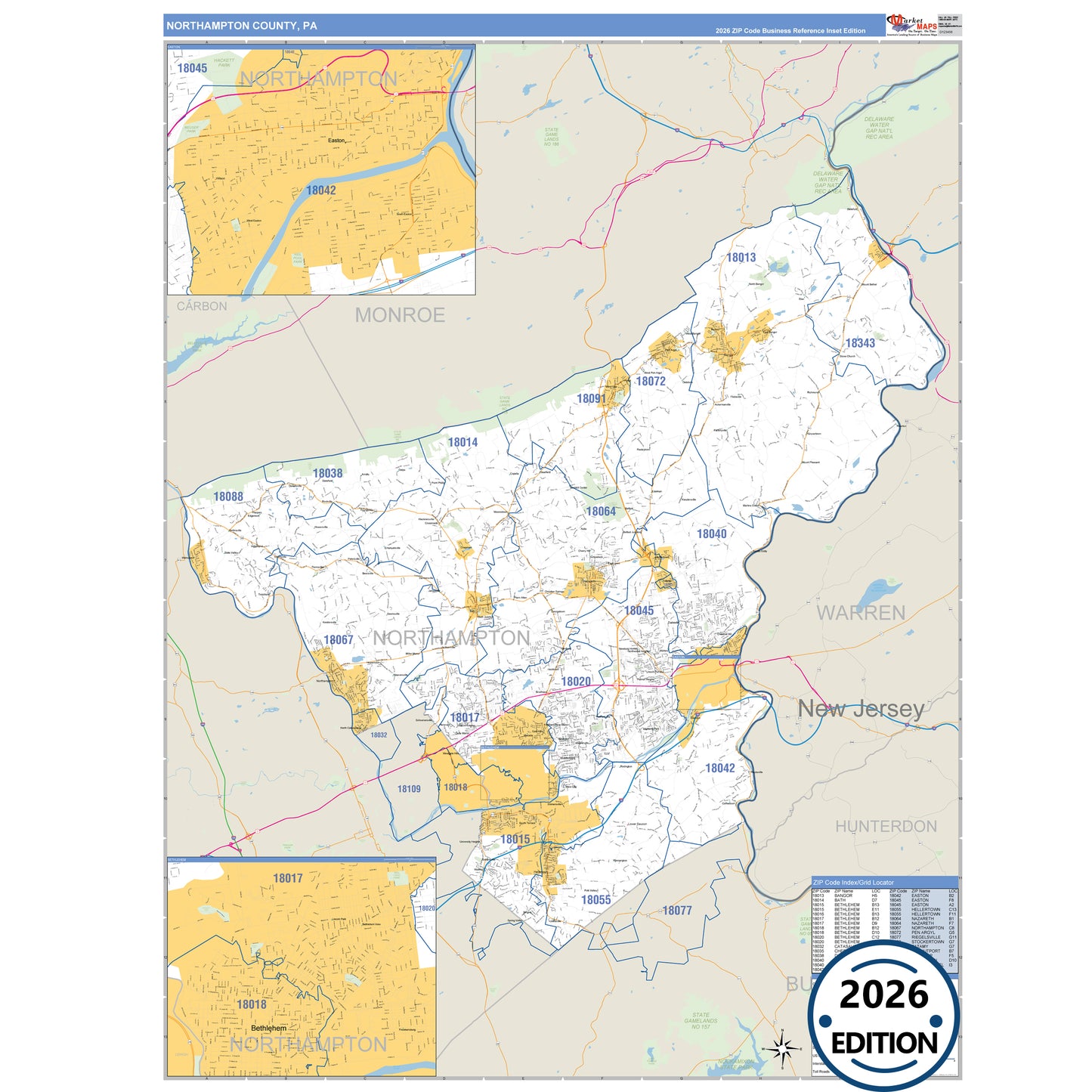 Northampton County, PA Business Reference 5 Digit ZIP Code Wall Map