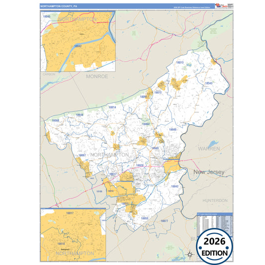 Northampton County, PA Business Reference 5 Digit ZIP Code Wall Map