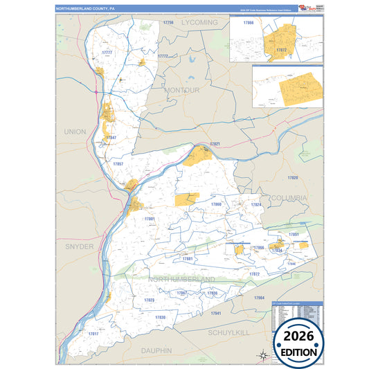 Northumberland County, PA Business Reference 5 Digit ZIP Code Wall Map