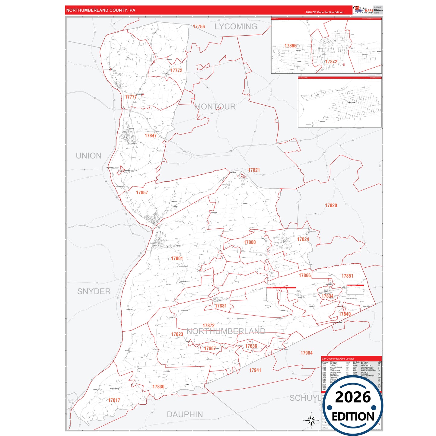 Northumberland County, PA Red Line 5 Digit ZIP Code Wall Map