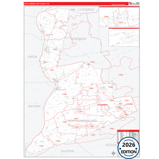 Northumberland County, PA Red Line 5 Digit ZIP Code Wall Map