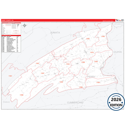 Perry County, PA Red Line 5 Digit ZIP Code Wall Map