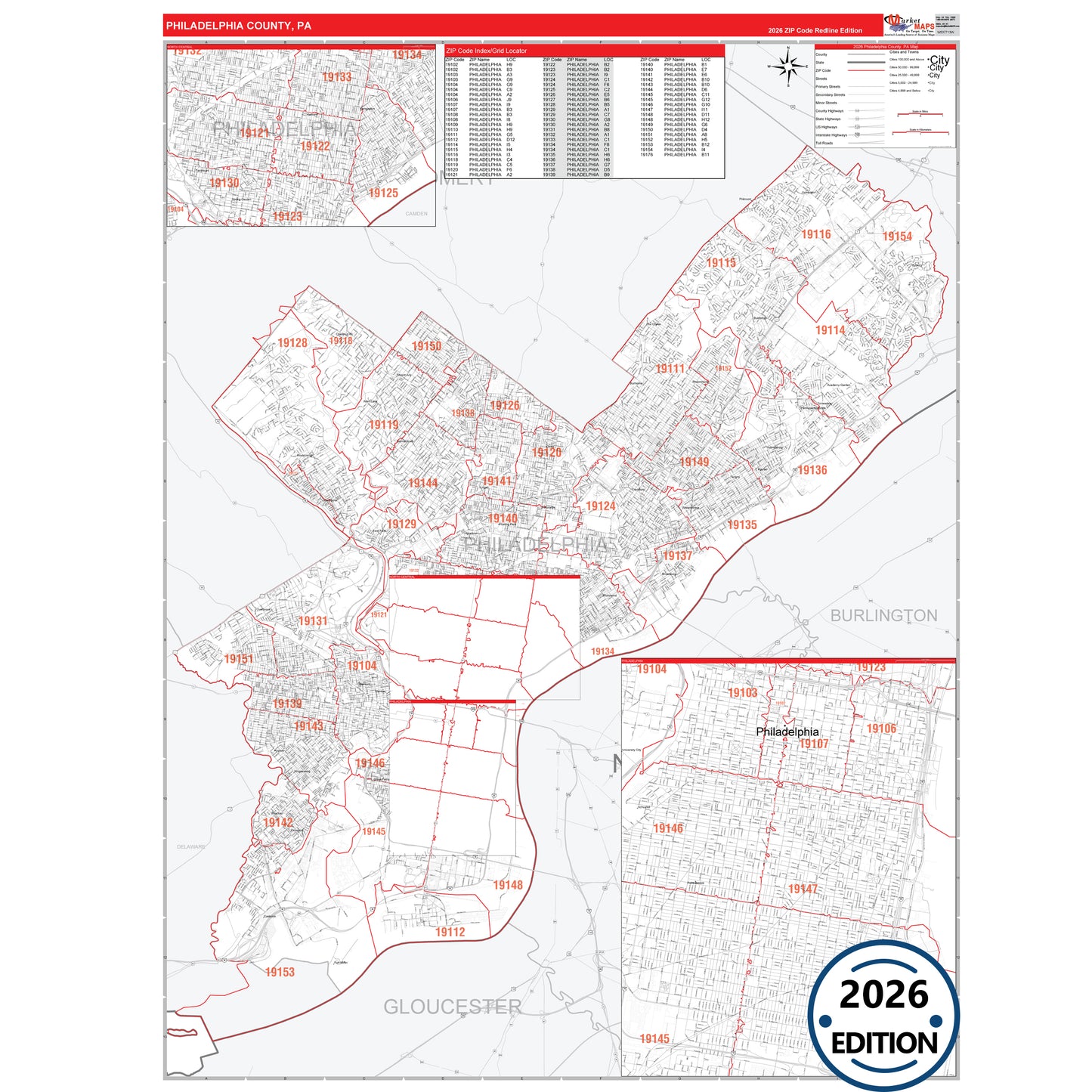 Philadelphia County, PA Red Line 5 Digit ZIP Code Wall Map