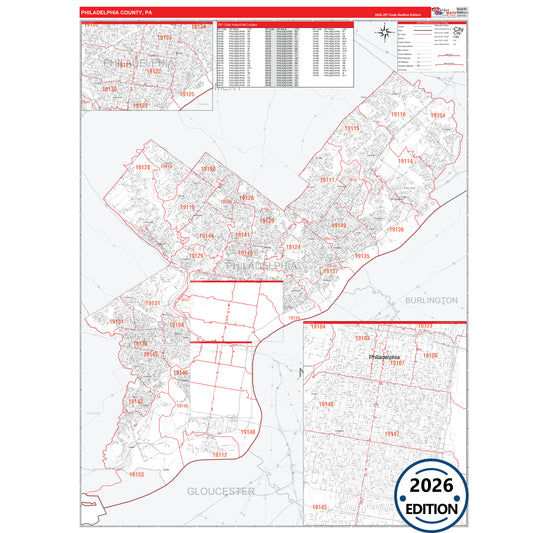 Philadelphia County, PA Red Line 5 Digit ZIP Code Wall Map