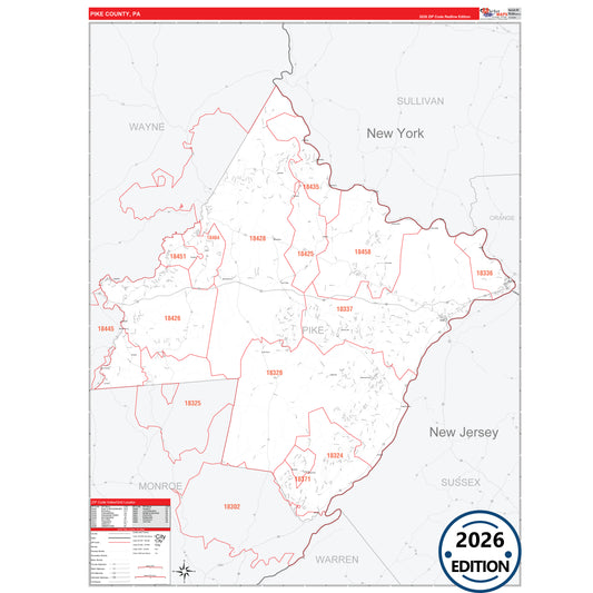 Pike County, PA Red Line 5 Digit ZIP Code Wall Map