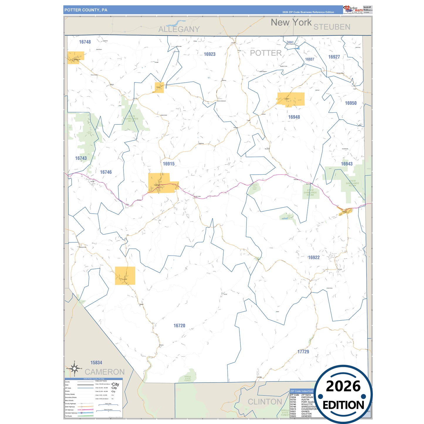Potter County, PA Business Reference 5 Digit ZIP Code Wall Map