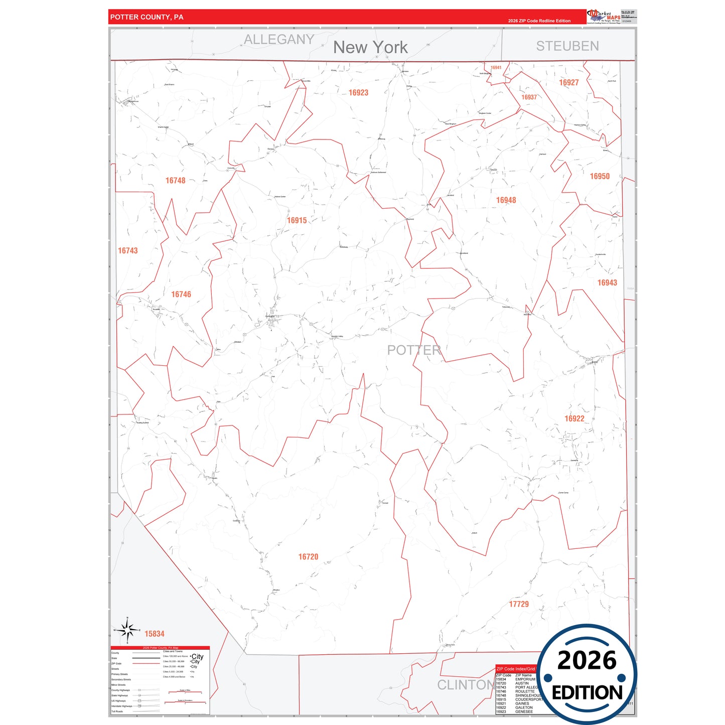 Potter County, PA Red Line 5 Digit ZIP Code Wall Map