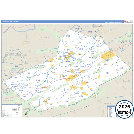 Schuylkill County, PA Business Reference 5 Digit ZIP Code Wall Map