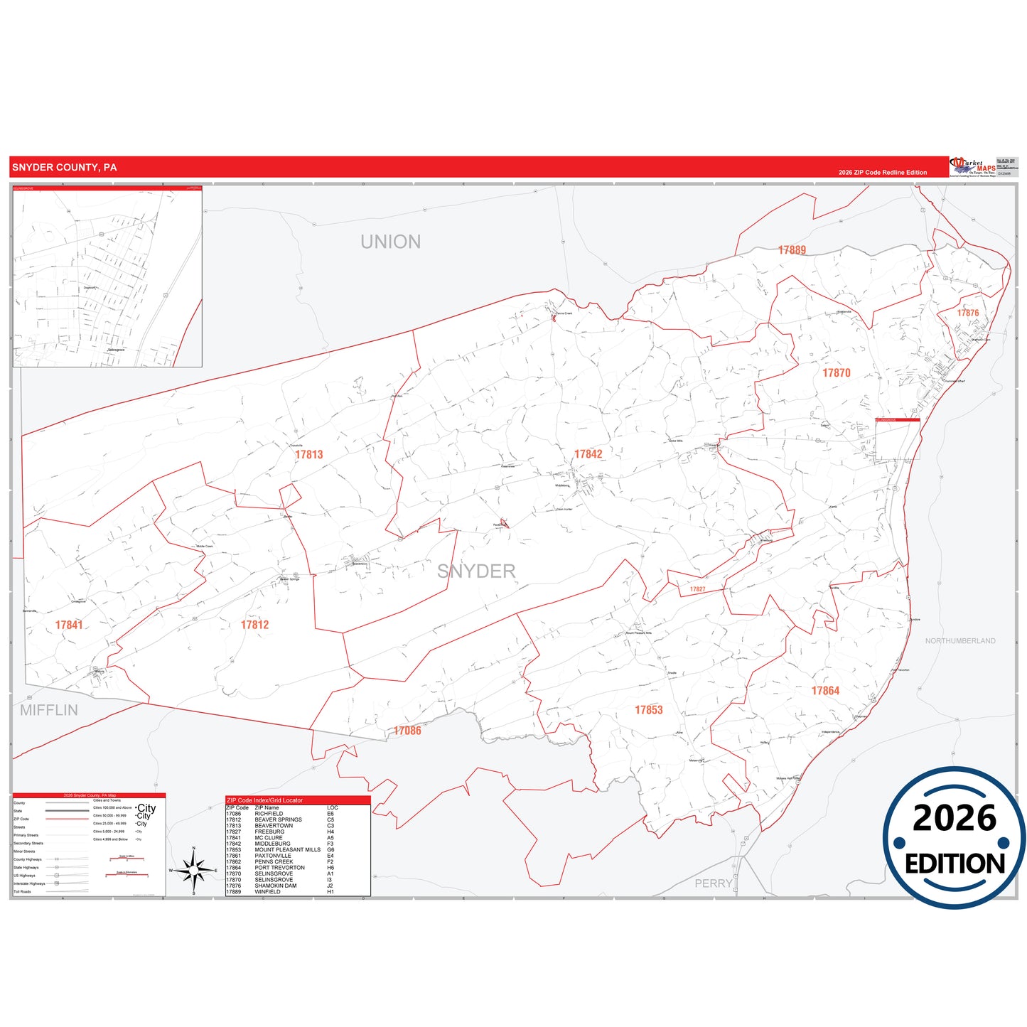Snyder County, PA Red Line 5 Digit ZIP Code Wall Map
