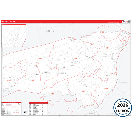 Snyder County, PA Red Line 5 Digit ZIP Code Wall Map