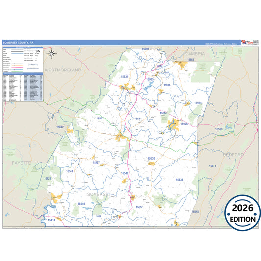 Somerset County, PA Business Reference 5 Digit ZIP Code Wall Map