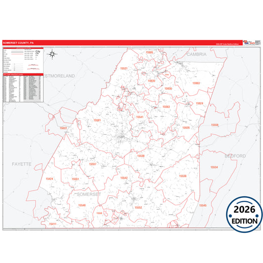 Somerset County, PA Red Line 5 Digit ZIP Code Wall Map