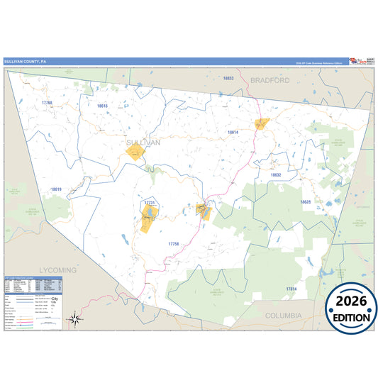 Sullivan County, PA Business Reference 5 Digit ZIP Code Wall Map