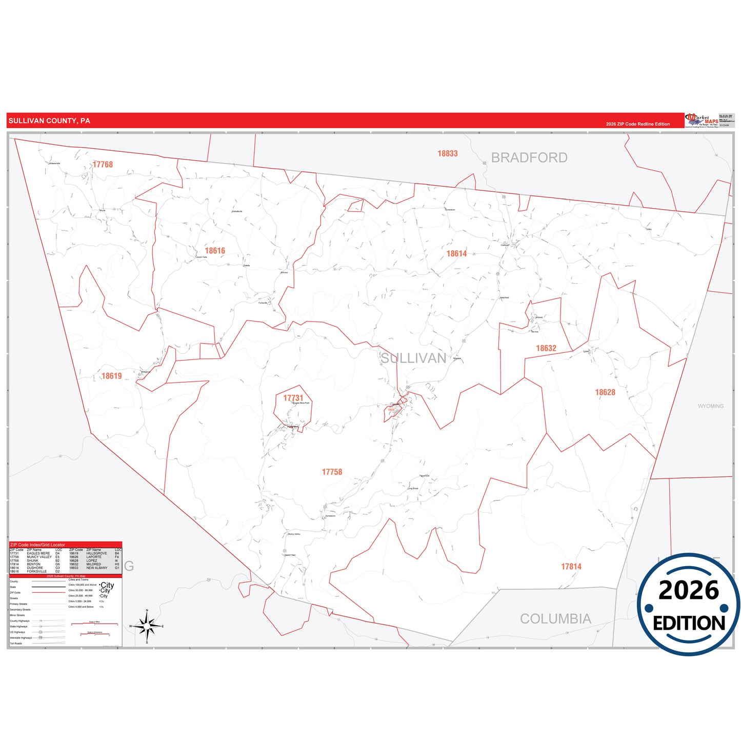 Sullivan County, PA Red Line 5 Digit ZIP Code Wall Map