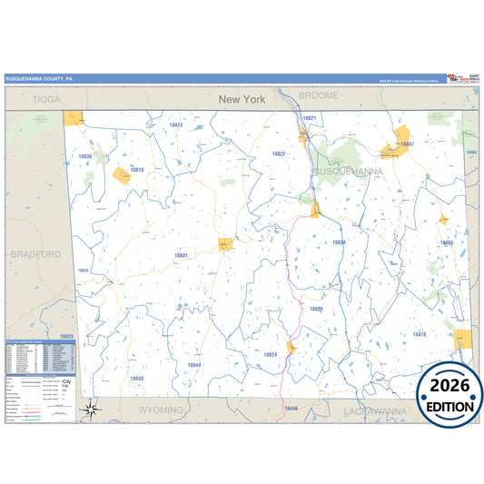 Susquehanna County, PA Business Reference 5 Digit ZIP Code Wall Map