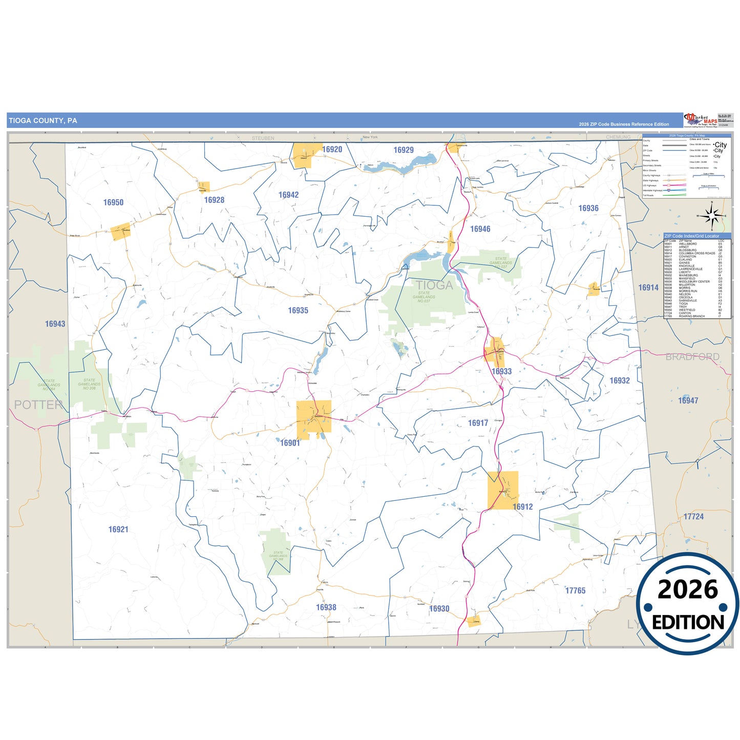 Tioga County, PA Business Reference 5 Digit ZIP Code Wall Map