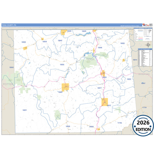 Tioga County, PA Business Reference 5 Digit ZIP Code Wall Map
