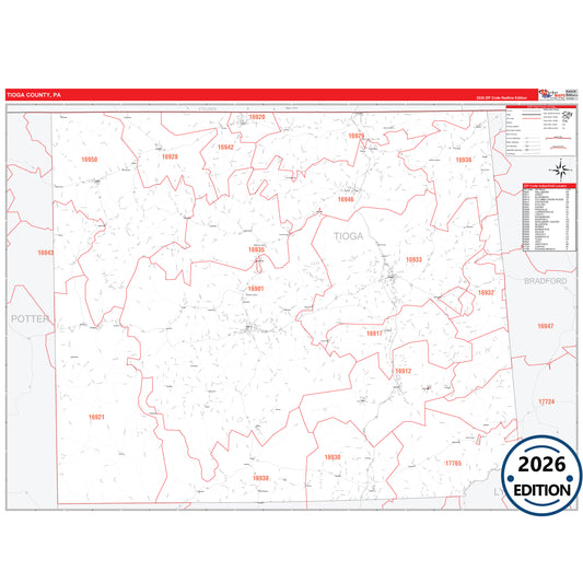 Tioga County, PA Red Line 5 Digit ZIP Code Wall Map