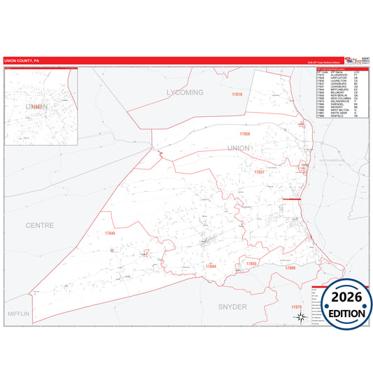 Union County, PA Red Line 5 Digit ZIP Code Wall Map