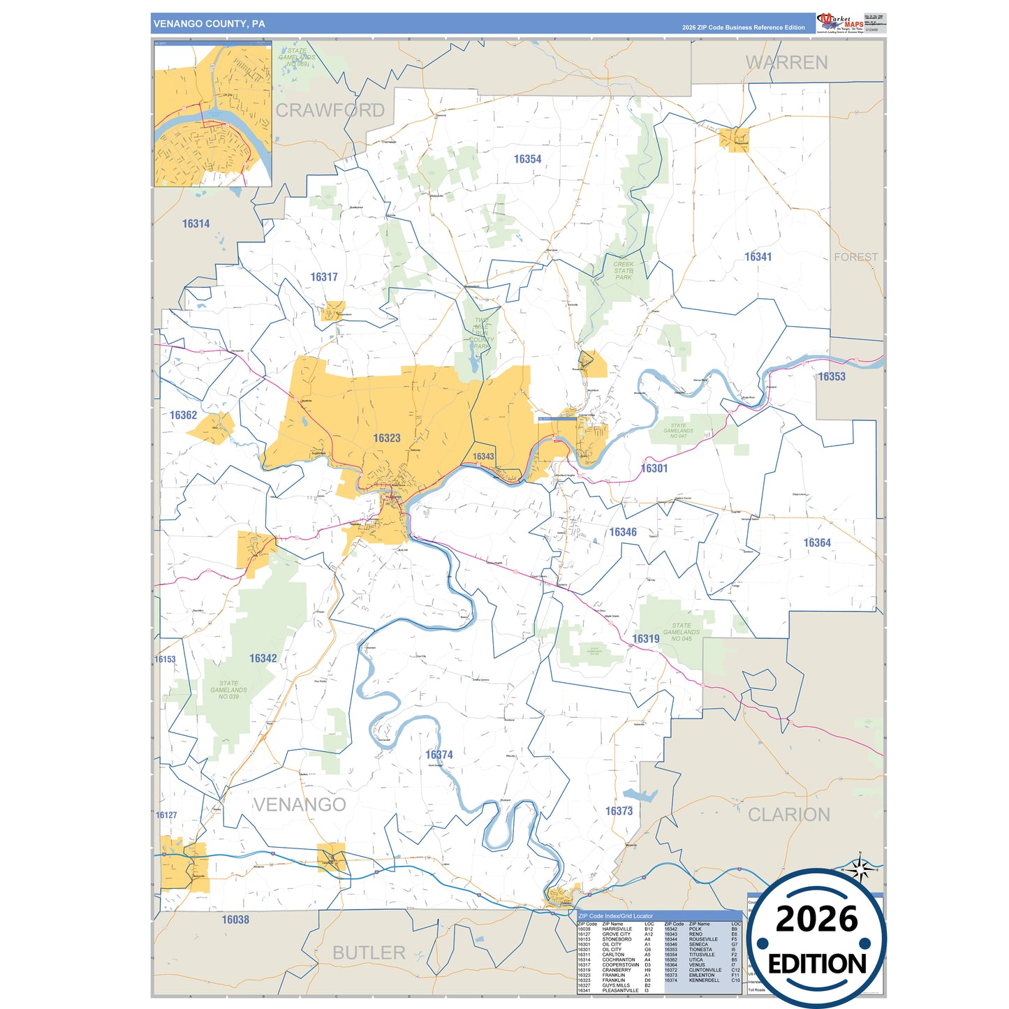 Venango County, PA Business Reference 5 Digit ZIP Code Wall Map