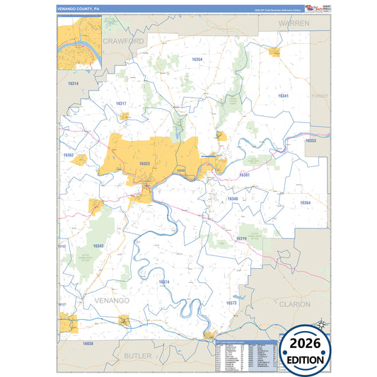 Venango County, PA Business Reference 5 Digit ZIP Code Wall Map