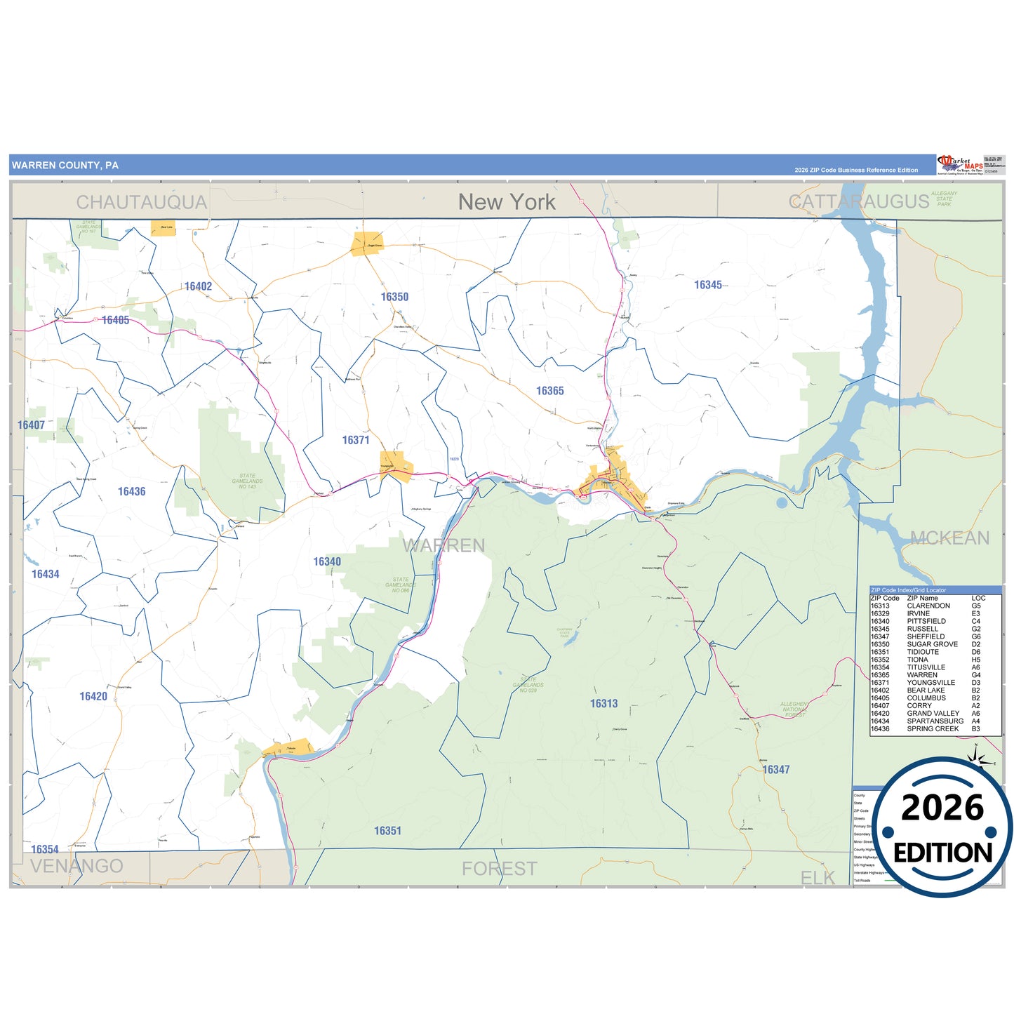 Warren County, PA Business Reference 5 Digit ZIP Code Wall Map
