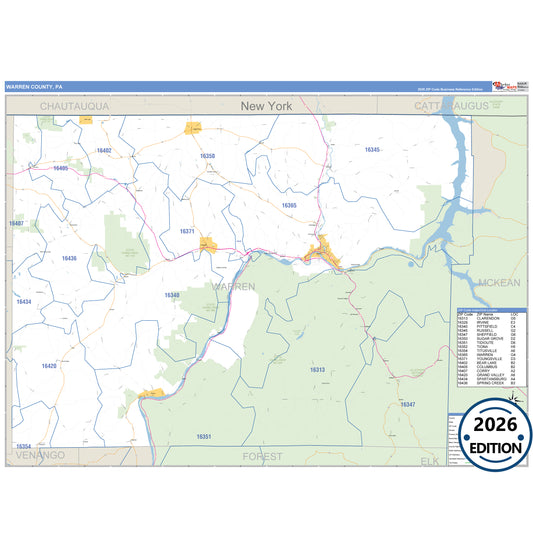 Warren County, PA Business Reference 5 Digit ZIP Code Wall Map