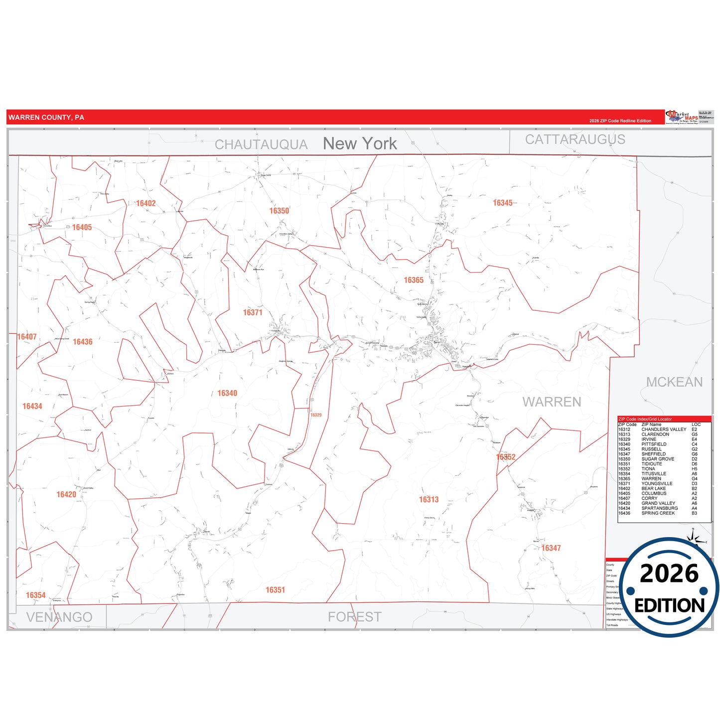 Warren County, PA Red Line 5 Digit ZIP Code Wall Map