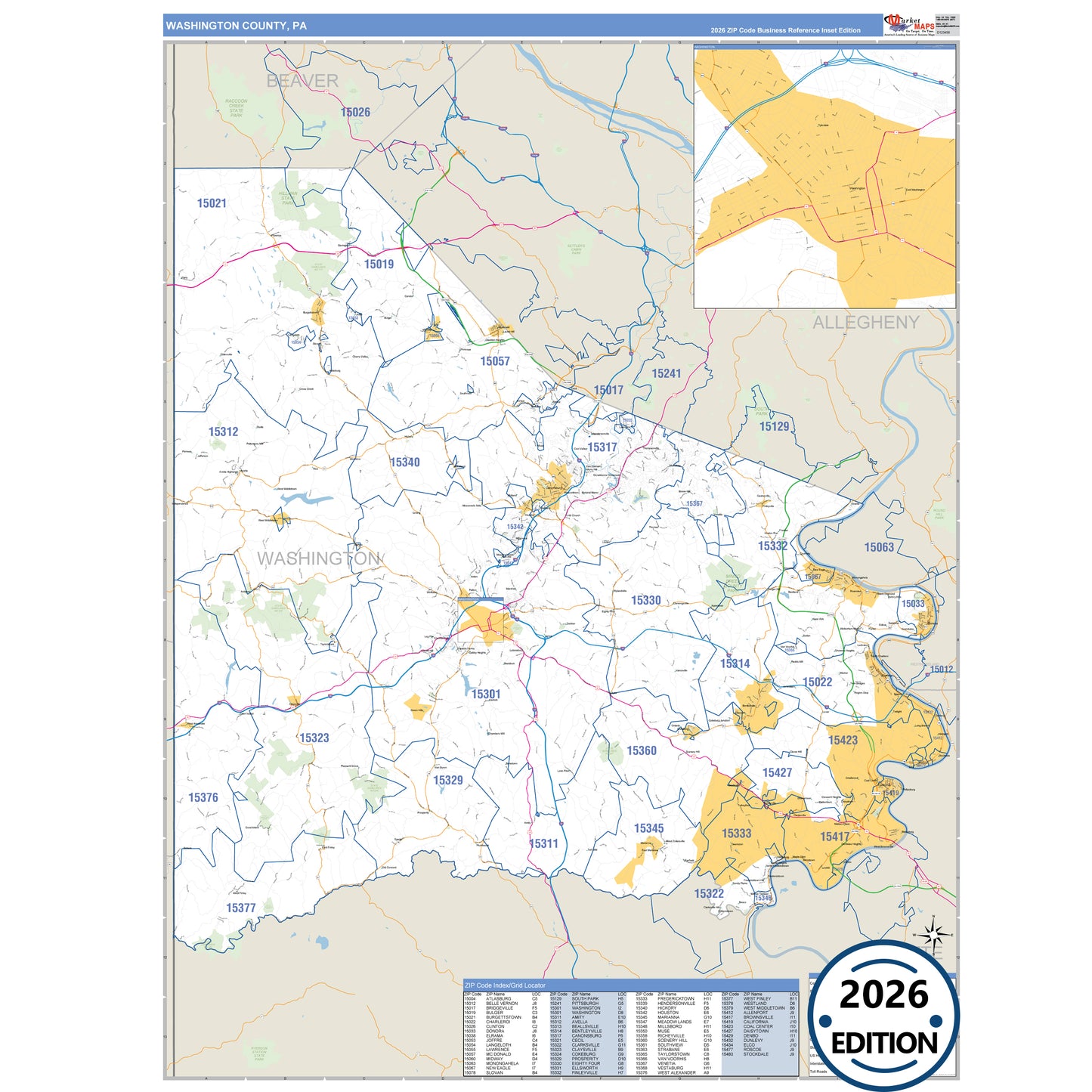 Washington County, PA Business Reference 5 Digit ZIP Code Wall Map