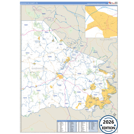 Washington County, PA Business Reference 5 Digit ZIP Code Wall Map