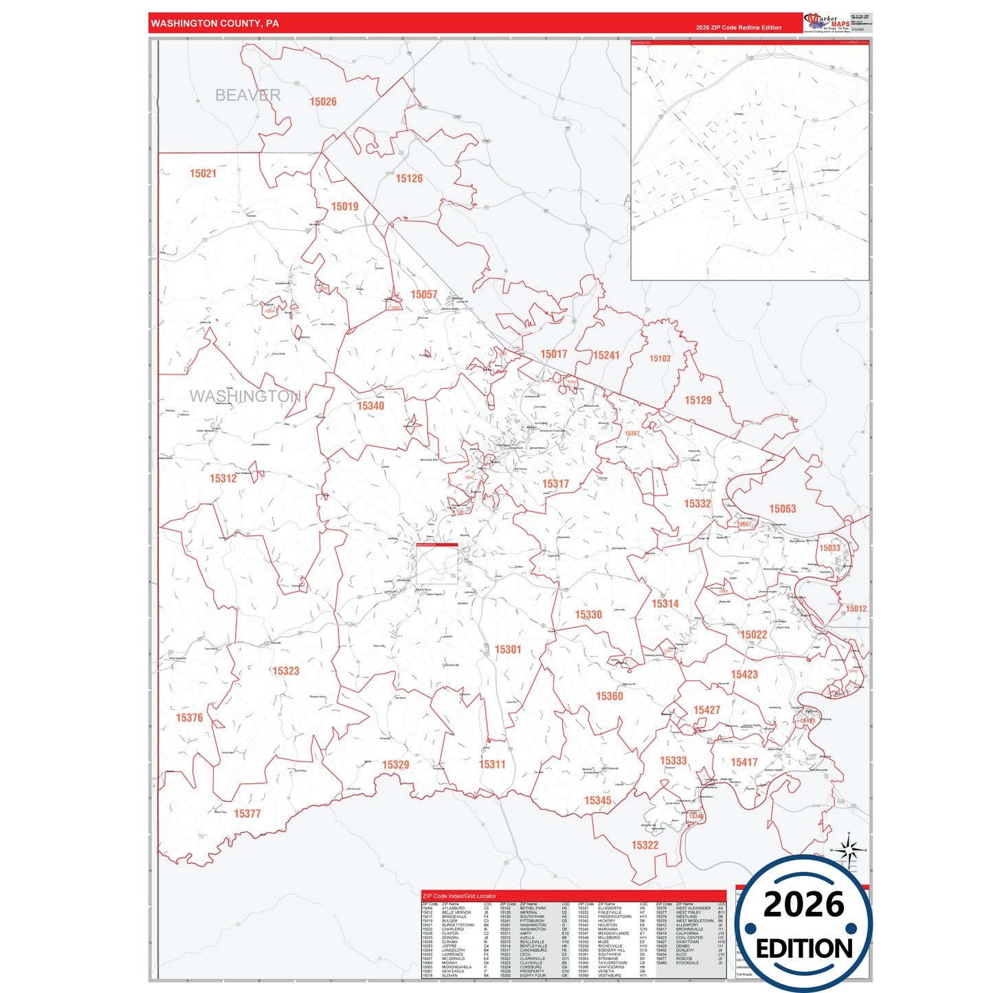 Washington County, PA Red Line 5 Digit ZIP Code Wall Map