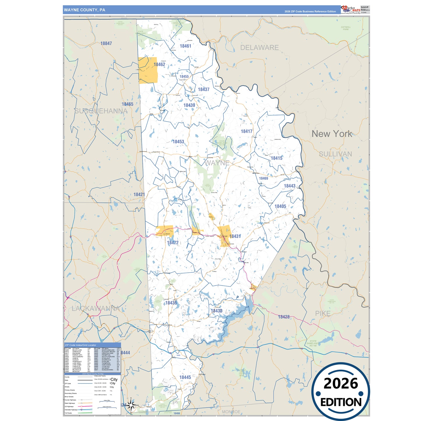 Wayne County, PA Business Reference 5 Digit ZIP Code Wall Map