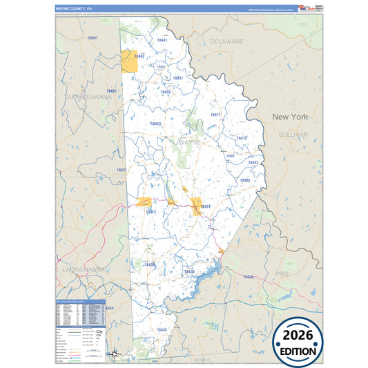 Wayne County, PA Business Reference 5 Digit ZIP Code Wall Map