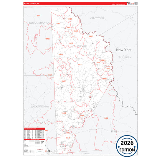 Wayne County, PA Red Line 5 Digit ZIP Code Wall Map