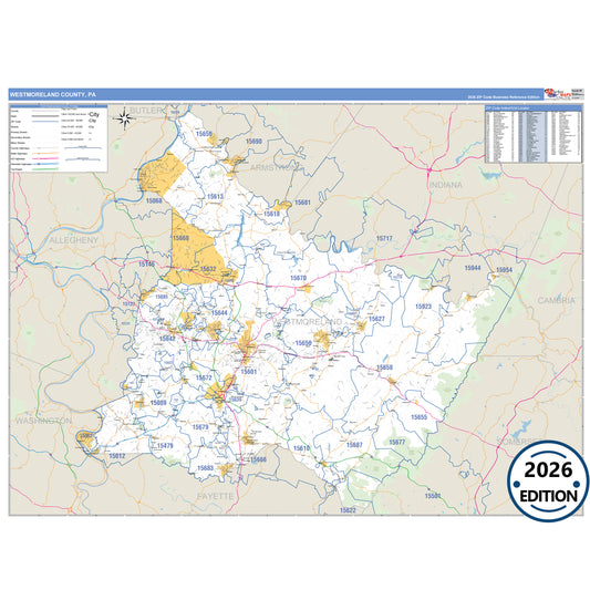 Westmoreland County, PA Business Reference 5 Digit ZIP Code Wall Map