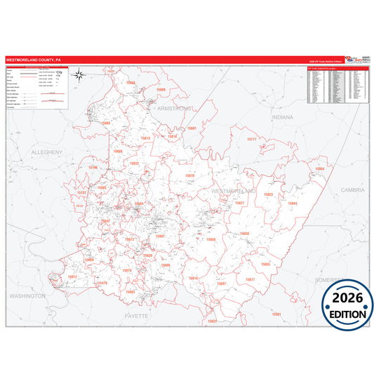 Westmoreland County, PA Red Line 5 Digit ZIP Code Wall Map