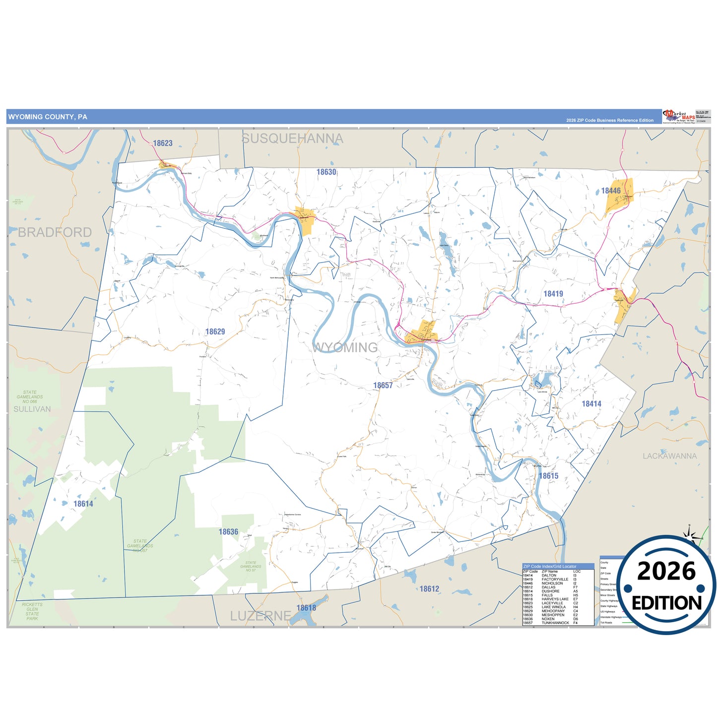 Wyoming County, PA Business Reference 5 Digit ZIP Code Wall Map