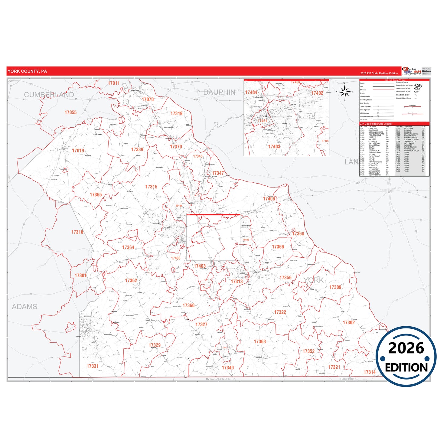 York County, PA Red Line 5 Digit ZIP Code Wall Map