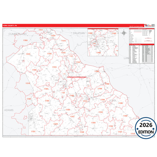 York County, PA Red Line 5 Digit ZIP Code Wall Map