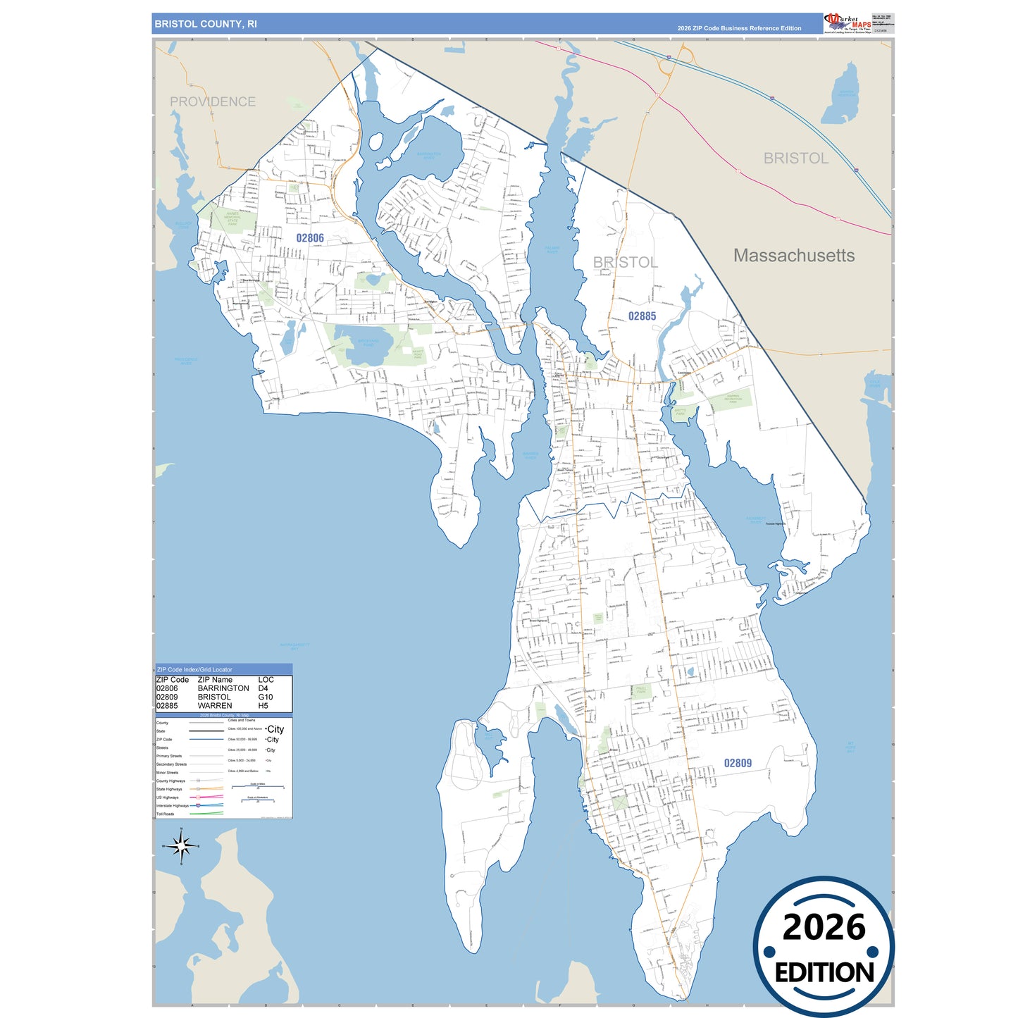 Bristol County, RI Business Reference 5 Digit ZIP Code Wall Map