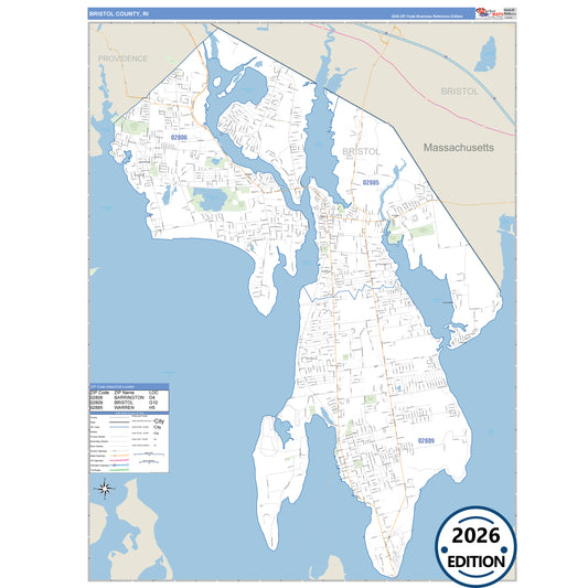 Bristol County, RI Business Reference 5 Digit ZIP Code Wall Map
