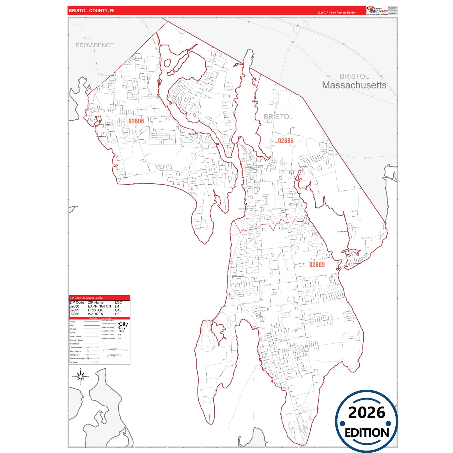 Bristol County, RI Red Line 5 Digit ZIP Code Wall Map