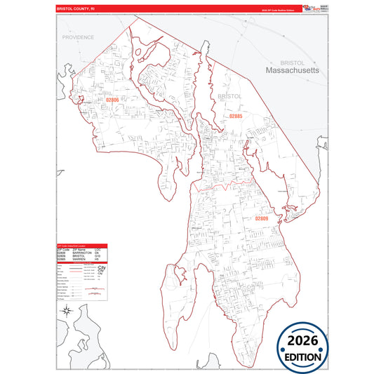 Bristol County, RI Red Line 5 Digit ZIP Code Wall Map