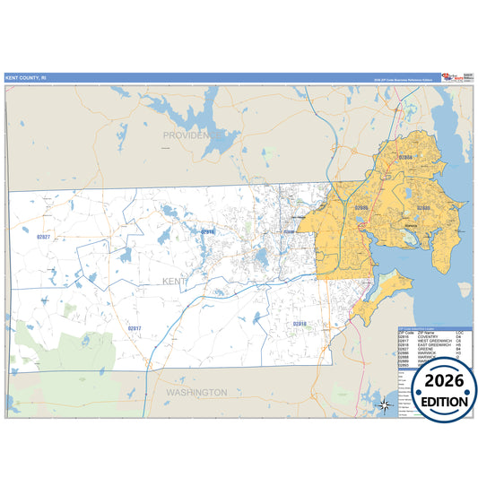 Kent County, RI Business Reference 5 Digit ZIP Code Wall Map