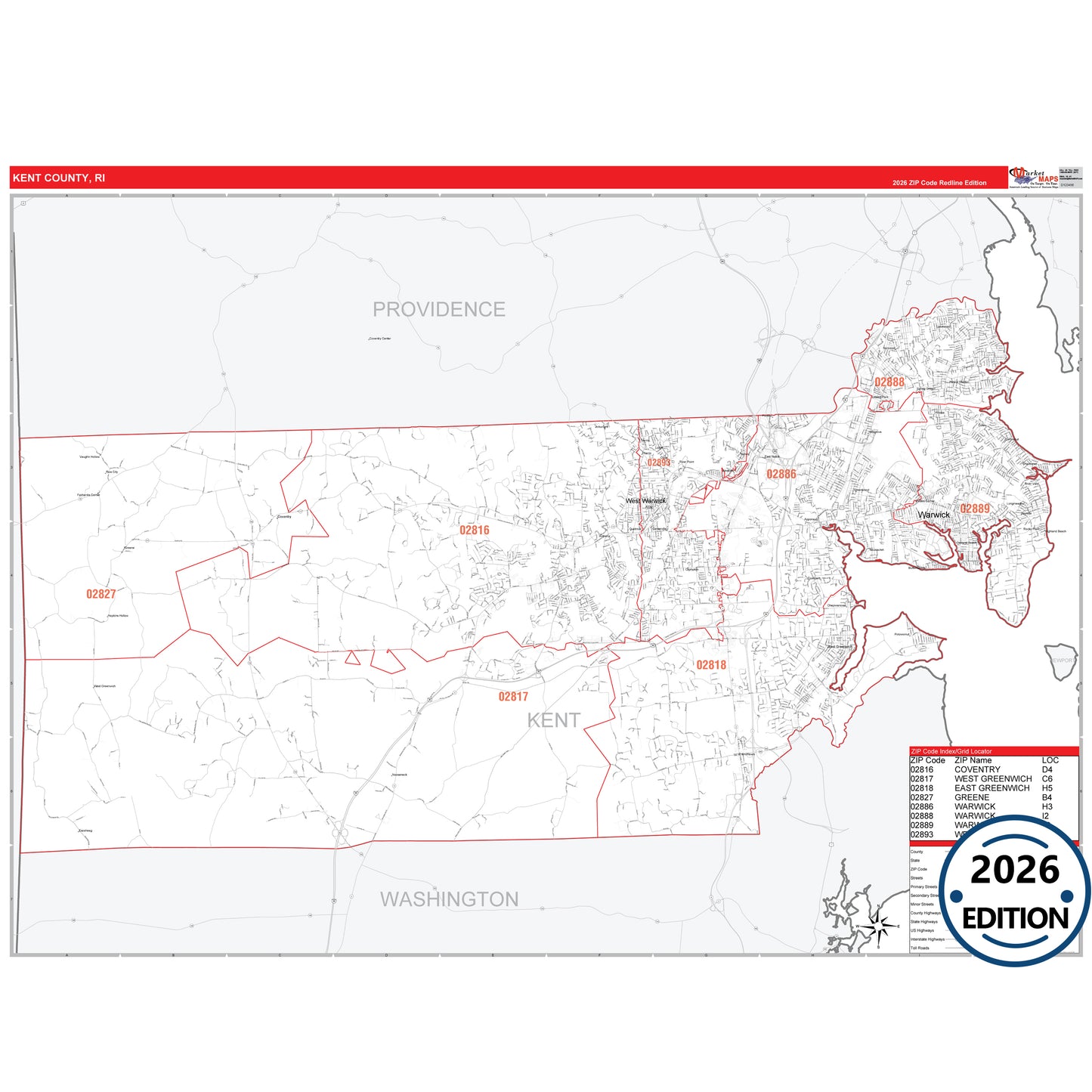 Kent County, RI Red Line 5 Digit ZIP Code Wall Map
