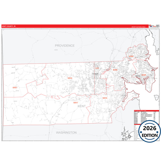 Kent County, RI Red Line 5 Digit ZIP Code Wall Map