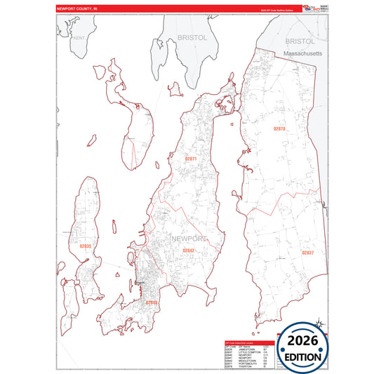 Newport County, RI Red Line 5 Digit ZIP Code Wall Map