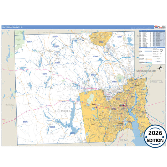 Providence County, RI Business Reference 5 Digit ZIP Code Wall Map