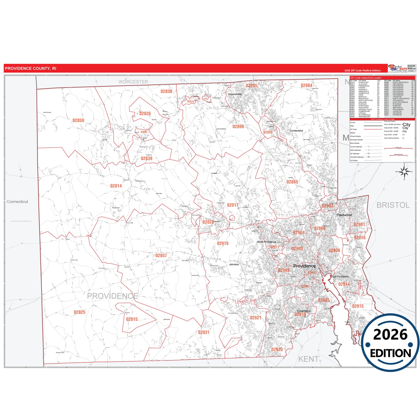 Providence County, RI Red Line 5 Digit ZIP Code Wall Map